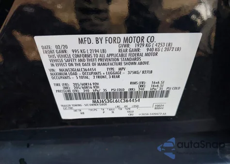 2020 Ford Ecosport Se z USA, uszkodzony, nr VIN MAJ6S3GL6LC364454